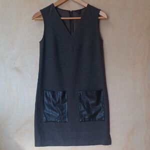 Ann Taylor Gray Shift Dress With Faux Leather Patch Pockets, Sleeveless, V-Neck